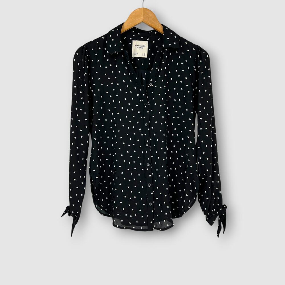 Abercrombie & Fitch Black White Dot Print Chiffon Button Down Shirt Blouse XS